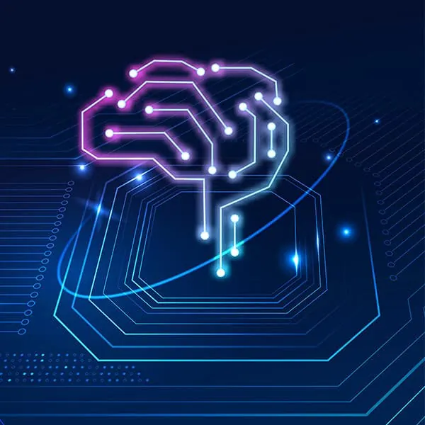 Cerebro digital de circuitos luminosos que representa la mejora de procesos con inteligencia artificial